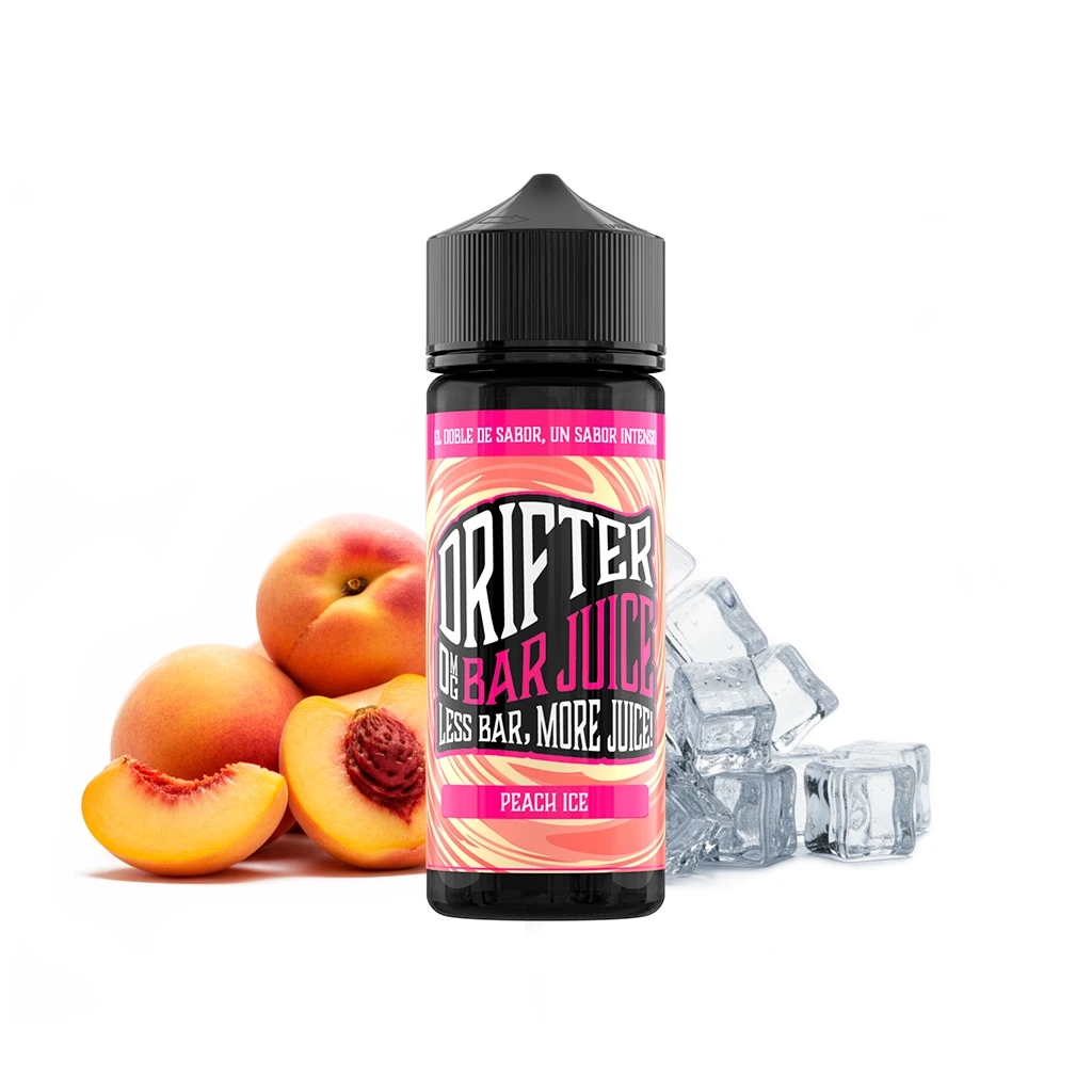 Botella Drifter Bar Peach Ice con tapón negro y etiqueta rosa y naranja, acompañada de melocotones cortados y cubitos de hielo.