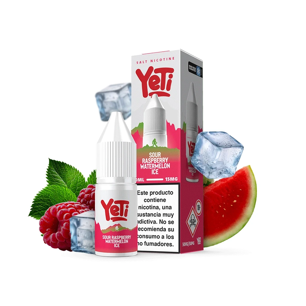 Frasco y caja de Yeti Sour Raspberry Watermelon Ice, con etiqueta de 15 mg, rodeados de frambuesas, una rodaja de sandía y cubitos de hielo.