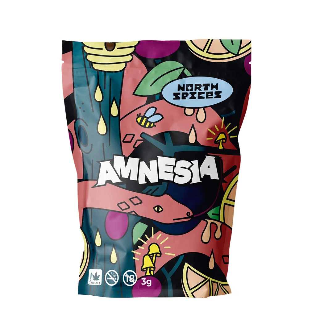 Bolsa de North Spices Amnesia con la indicación 3 g y diseño multicolor con serpiente, abeja, gotas y rodajas de cítricos.