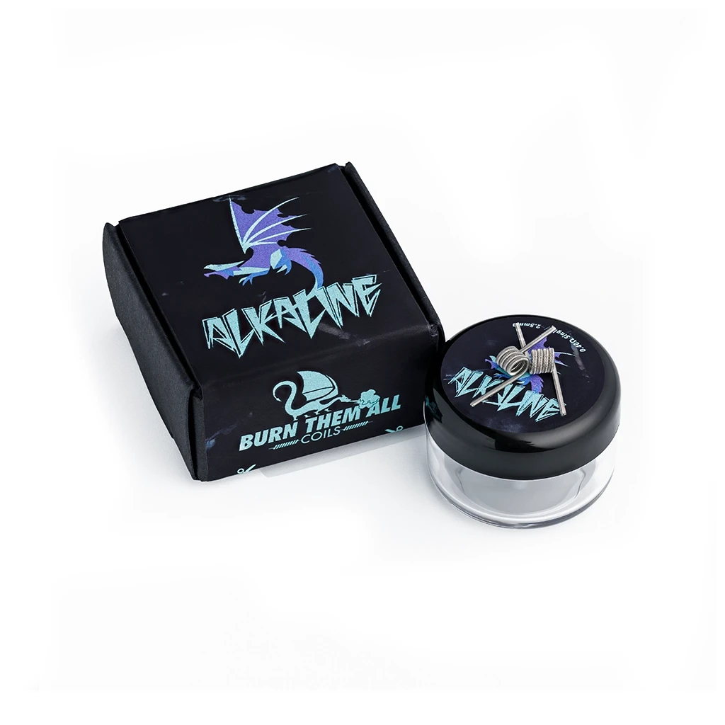 Caja negra Burn Them All Coils Alkaline junto a un tarro transparente con tapa negra y resistencias en espiral sobre ella. Caja negra Burn Them All Coils Alkaline junto a un tarro transparente con tapa negra y resistencias en espiral sobre ella.