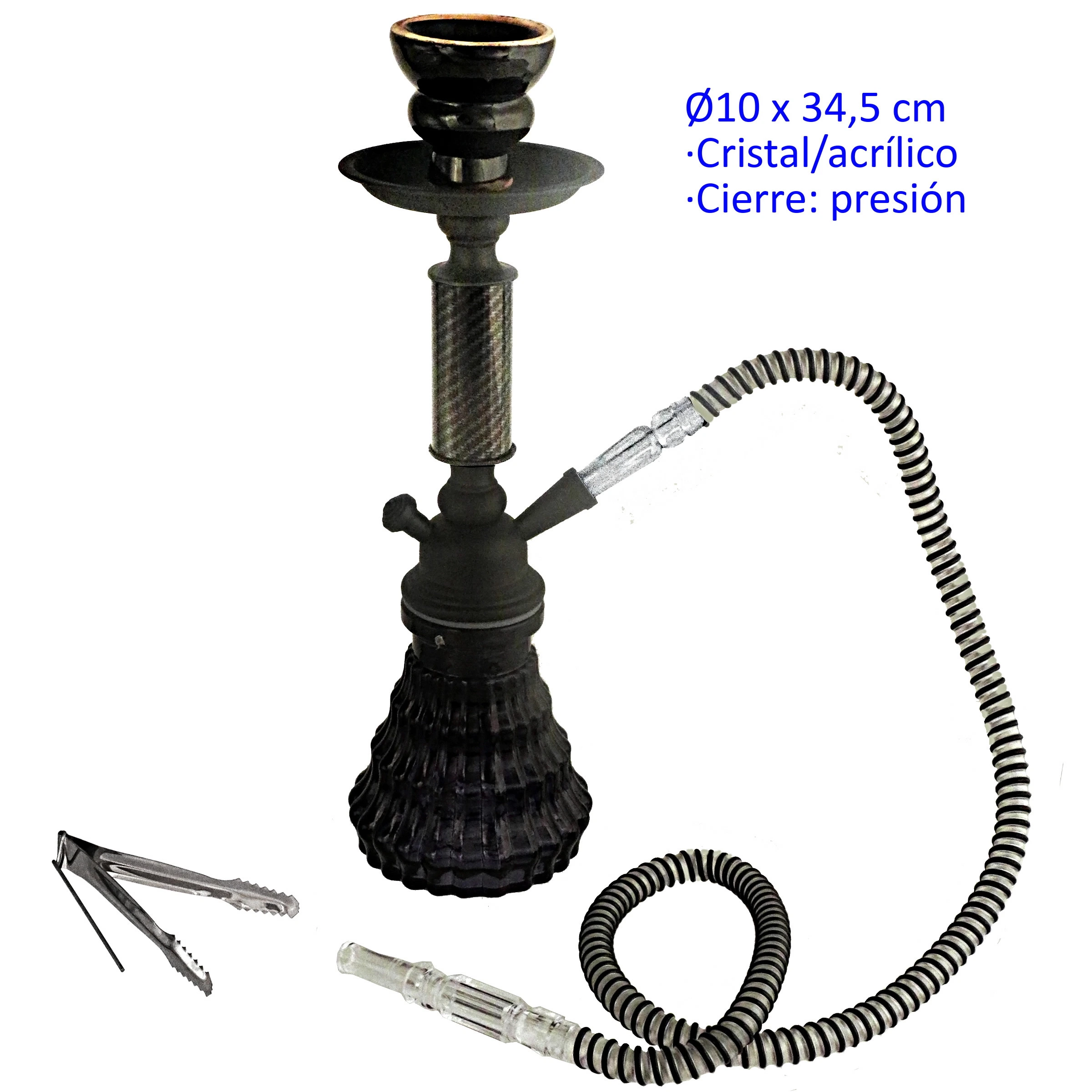 Shisha negra de 34,5 cm con base de relieve facetado, plato superior y manguera a rayas blancas y negras, acompañada de pinzas.