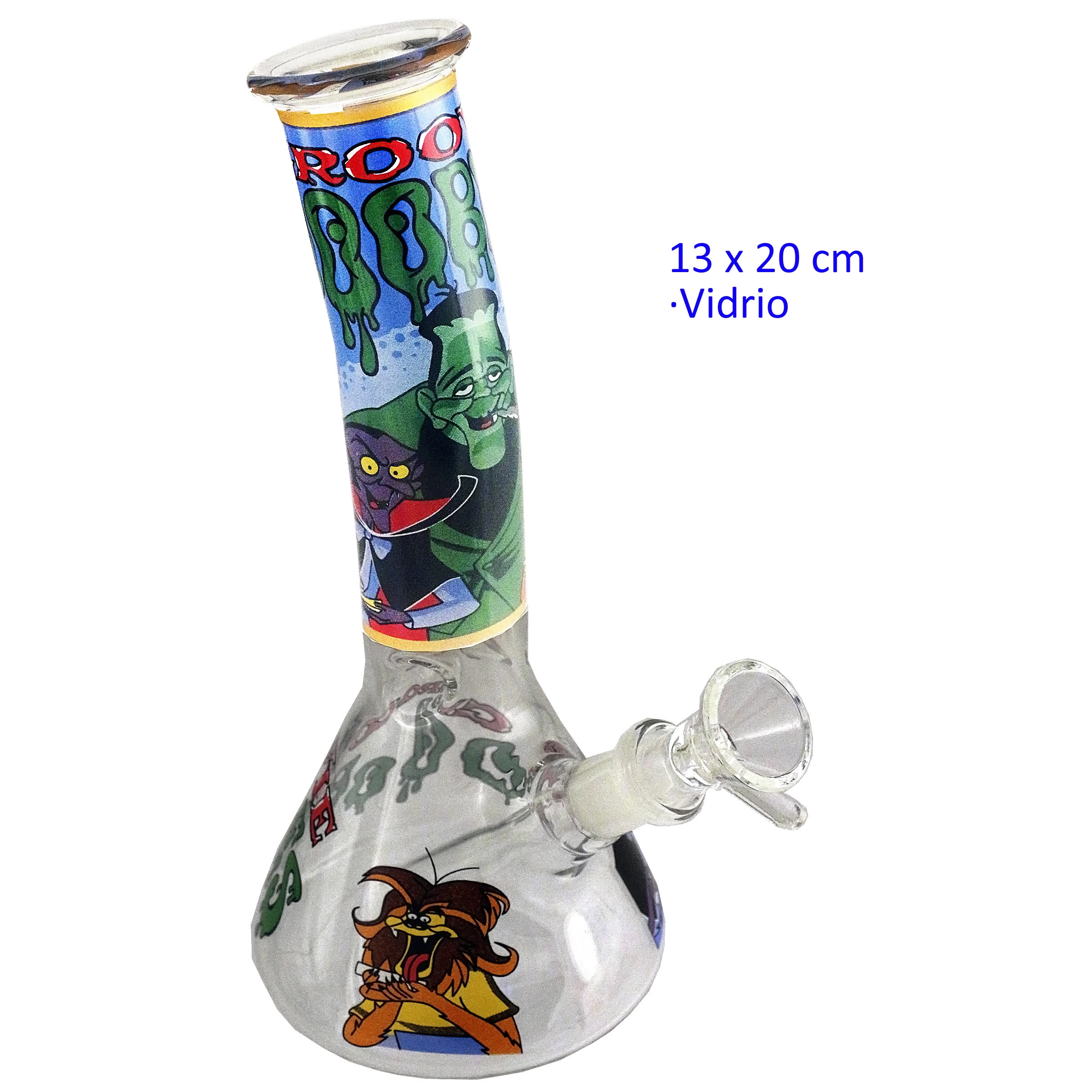 Bong de cristal transparente con base ancha, cazoleta lateral y tubo decorado con personajes de monstruos en colores vivos.