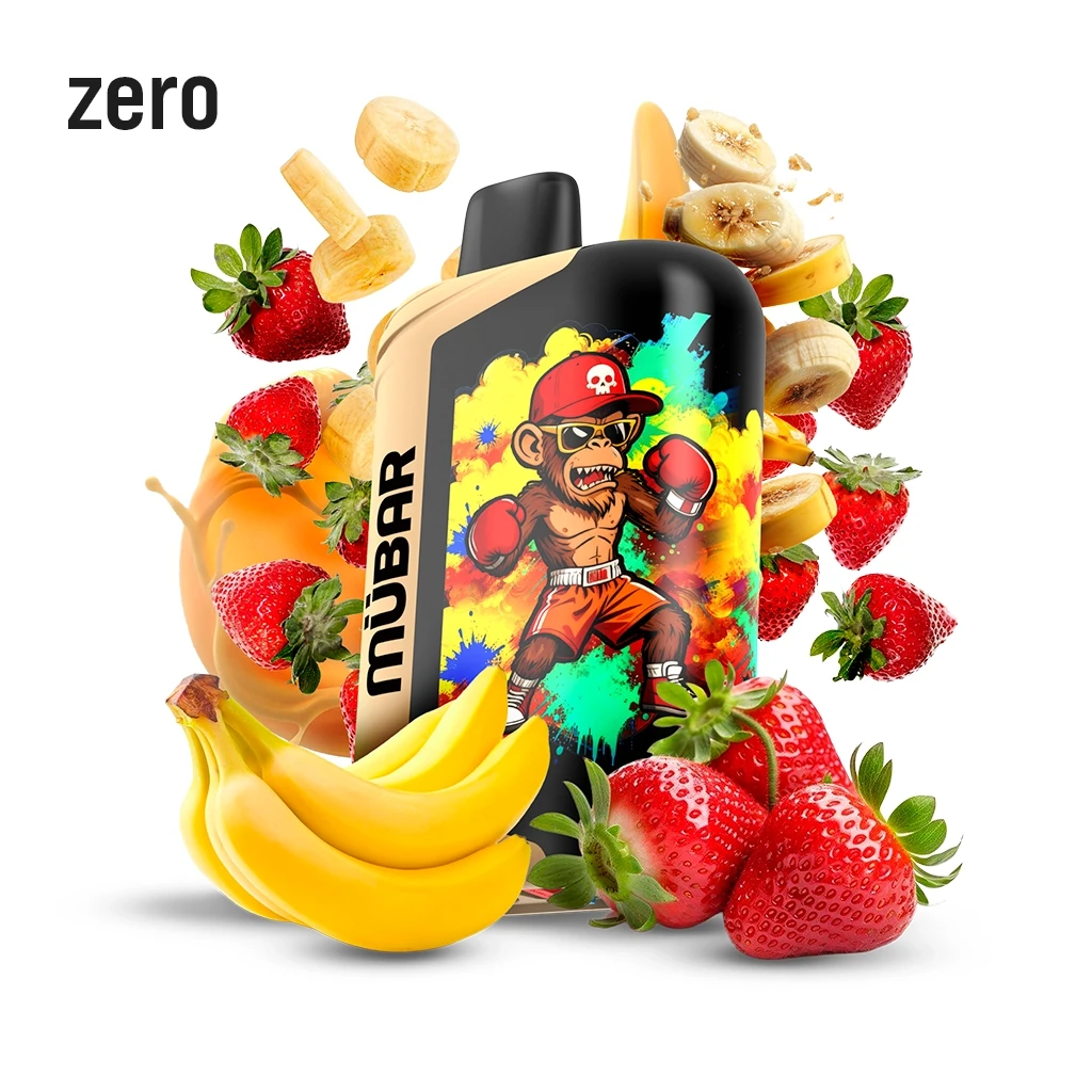 Vaper Mübar Strawberry Banana con boquilla negra y dibujo de un mono boxeador, rodeado de fresas y plátanos sobre fondo blanco.