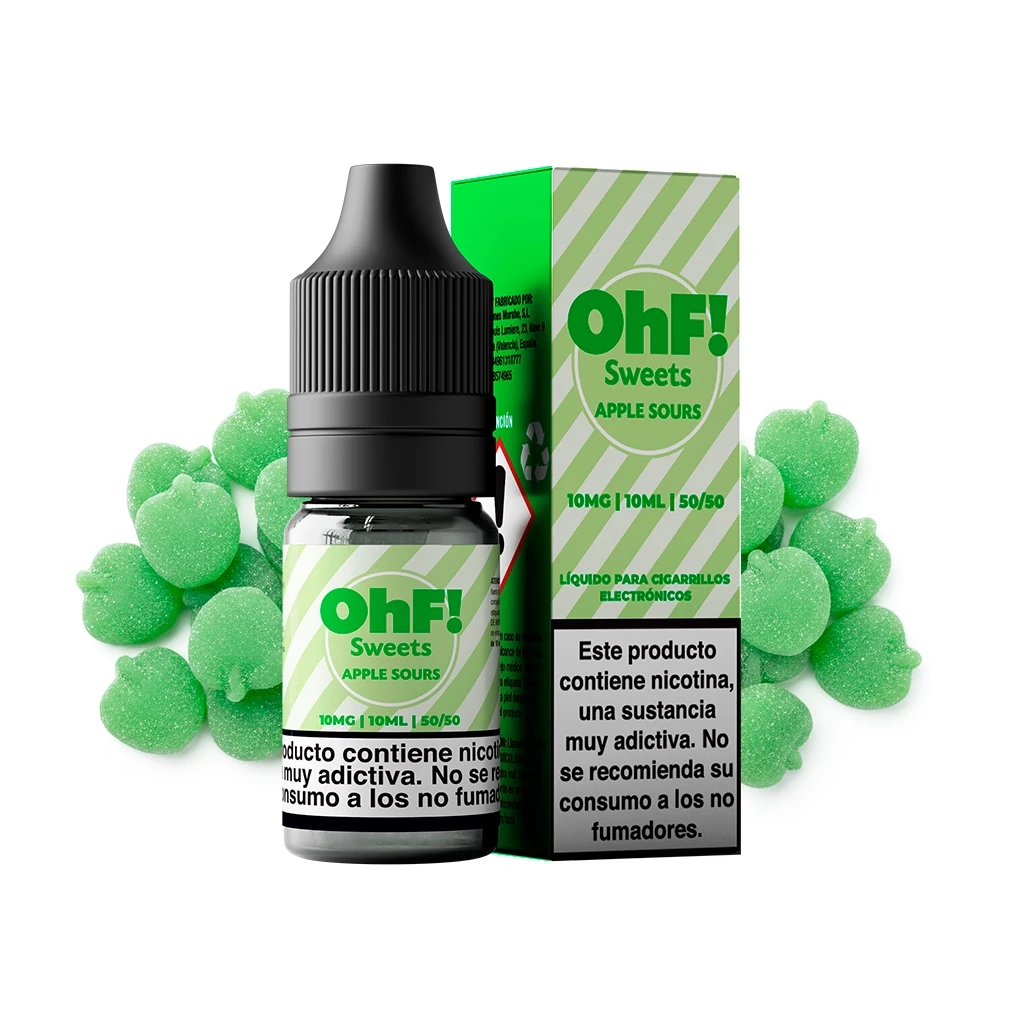 Frasco y caja de OhF Sweets Apple Sours con etiqueta de 10 ml y 10 mg, rodeados de caramelos verdes sobre fondo blanco.