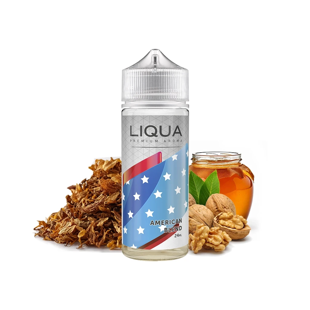 Botella Liqua American Blend de 24 ml con tapón transparente y etiqueta de estrellas, junto a tabaco, nueces y un tarro de líquido ámbar.