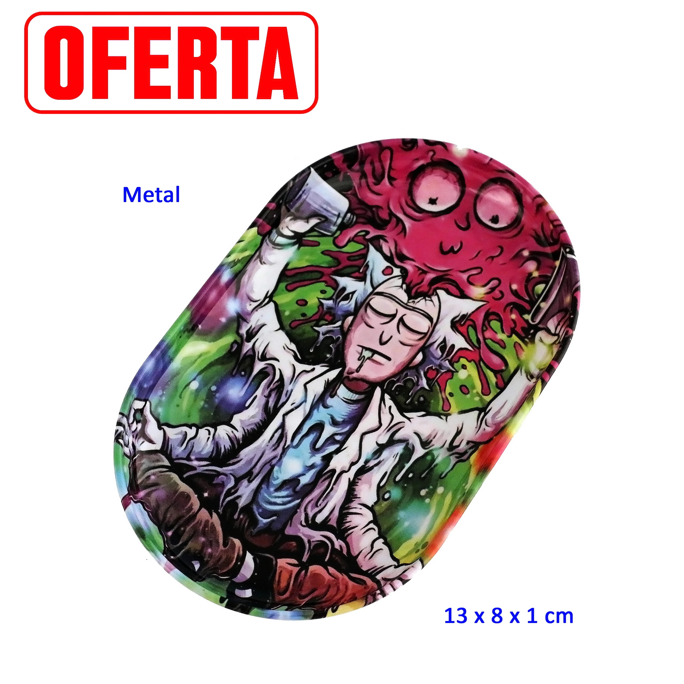 Bandeja para liar de bordes redondeados con un científico de pelo blanco y un monstruo rosa sobre un fondo multicolor.