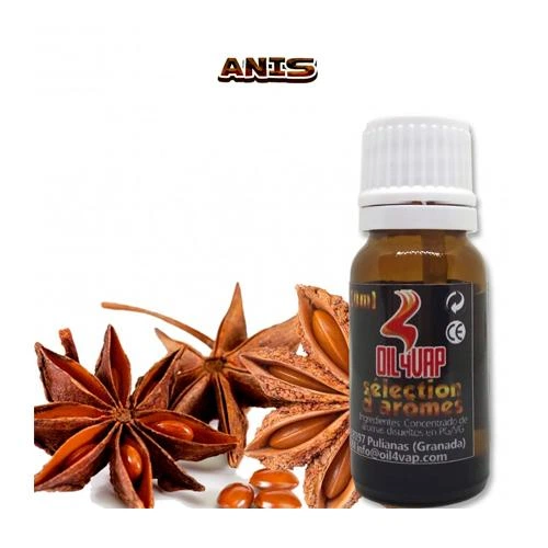 Frasco ámbar de Aroma Anís Oil4Vap con tapón blanco y etiqueta negra, acompañado de anís estrellado sobre fondo blanco.