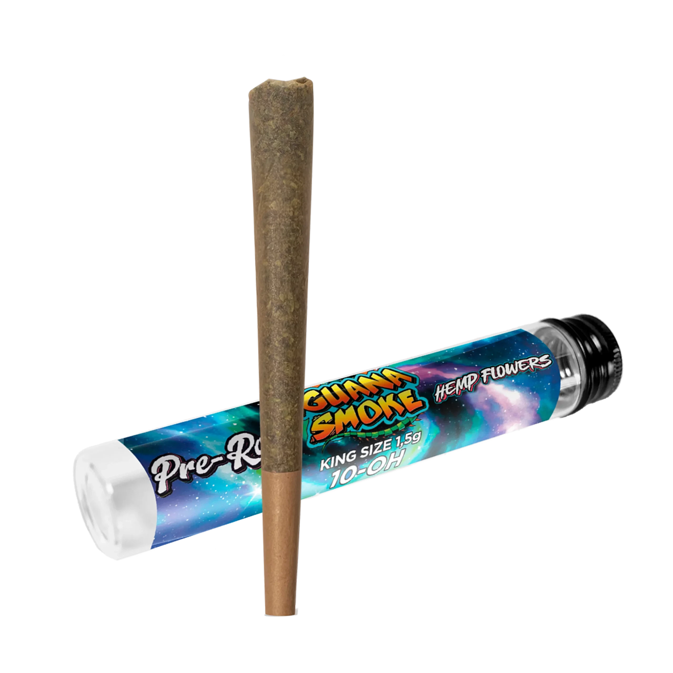 Pre Roll 10-OH King Size Iguana Smoke en vertical junto a su tubo con etiqueta multicolor, dispuesto en diagonal sobre fondo negro.
