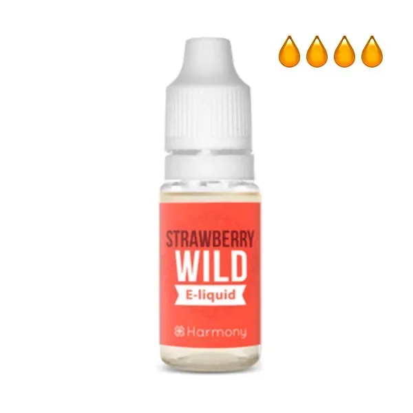 Frasco Harmony Wild Strawberry con tapón blanco y etiqueta roja con el texto Strawberry Wild E-liquid; símbolos de gotas en la esquina superior.