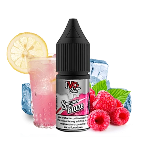 Frasco IVG Salt Summer Blaze con tapón negro, acompañado de frambuesas, hielo y un vaso de bebida rosa con limón sobre fondo negro.
