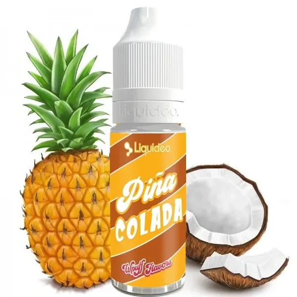Frasco Piña Colada de Liquideo Wpuff Flavors con tapón blanco y etiqueta naranja, junto a una piña y un coco abierto.