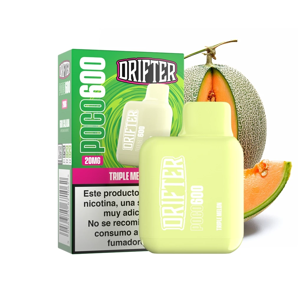 Vaper Drifter Poco 600 Triple Melon de color verde claro, delante de su caja verde y rosa, con un melón abierto y una rodaja al fondo.