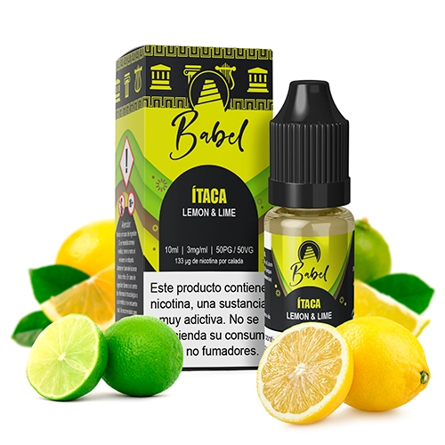 Frasco de e-líquido Ítaca de Babel con tapón negro y caja verde, rodeado de limones y limas enteros y cortados.