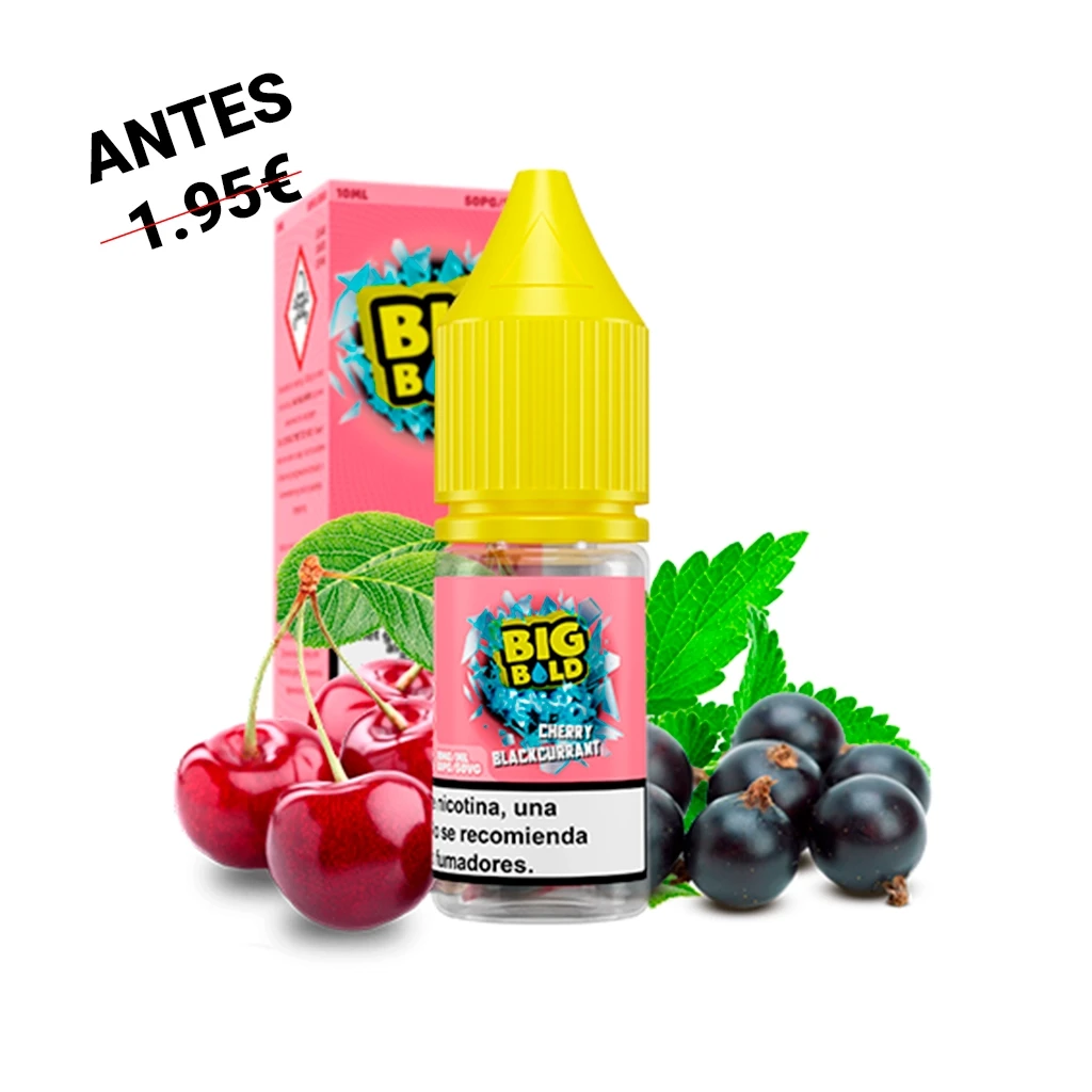 Frasco Big Bold Salts Cherry Blackcurrant Menthol con tapón amarillo y caja rosa, acompañado de cerezas, grosellas negras y hojas verdes.
