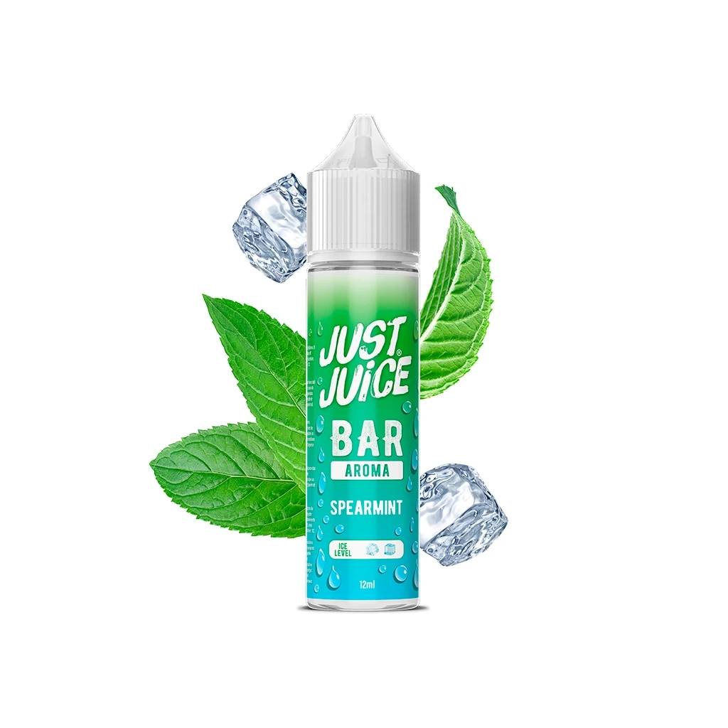 Frasco Just Juice Bar Spearmint de 12 ml con tapón blanco y etiqueta verde y turquesa, rodeado de hojas verdes y cubitos de hielo.