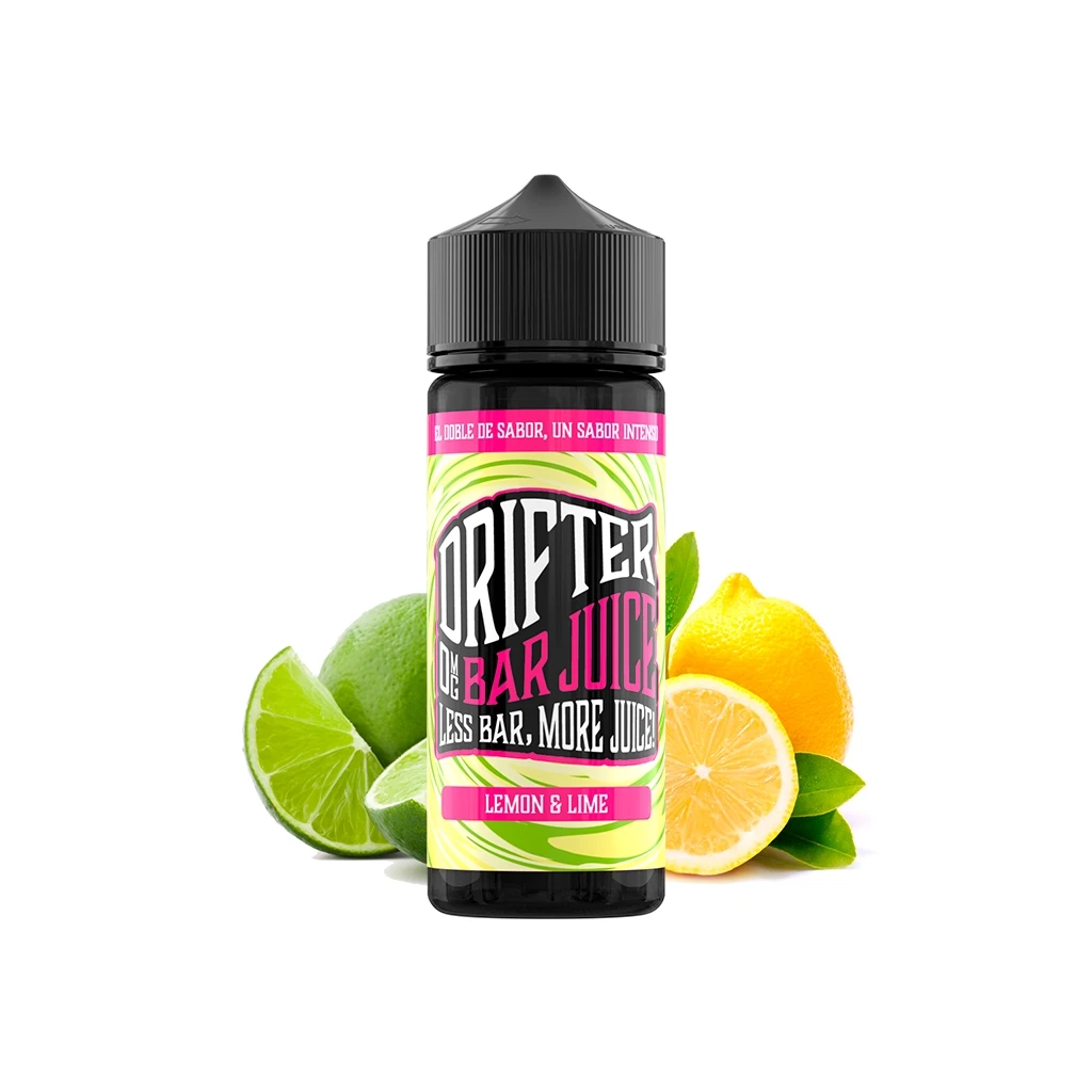 Frasco Drifter Bar Lemon Lime Longfill con tapón negro y etiqueta verde y rosa, acompañado de limones, limas y hojas sobre fondo blanco.