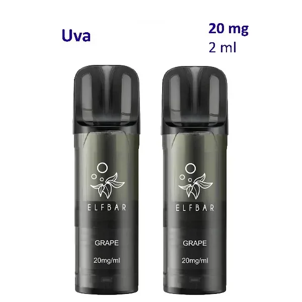 Pods Elfbar ELFA PRO V2 Grape de color oscuro sobre fondo blanco, con las indicaciones «Uva», «20 mg» y «2 ml».