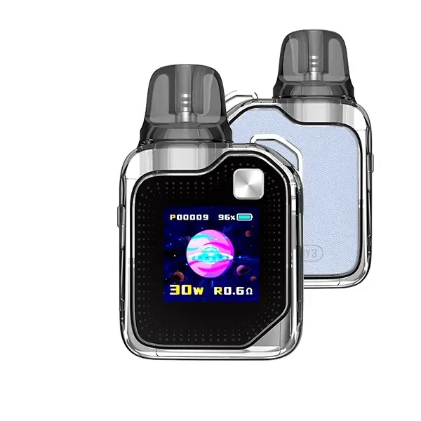 Lost Vape Ursa Baby 3 mostrado por delante y por detrás, con bordes transparentes, boquilla oscura y pantalla a color que indica 30 W. Lost Vape Ursa Baby 3 mostrado por delante y por detrás, con bordes transparentes, boquilla oscura y pantalla a color que indica 30 W.