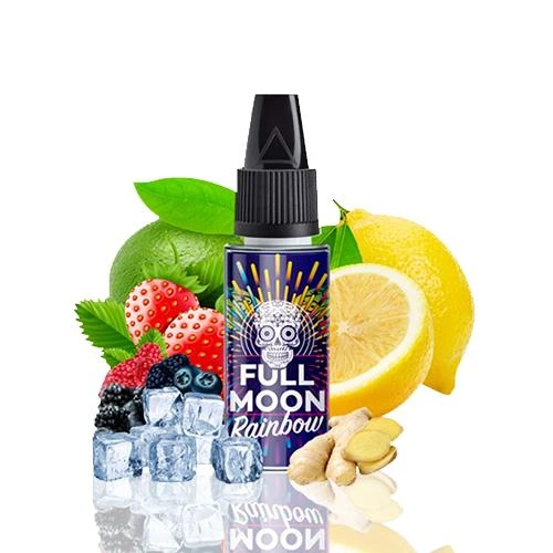 Frasco Full Moon Rainbow con tapón negro y etiqueta de calavera, rodeado de cítricos, frutos rojos, jengibre y cubitos de hielo.