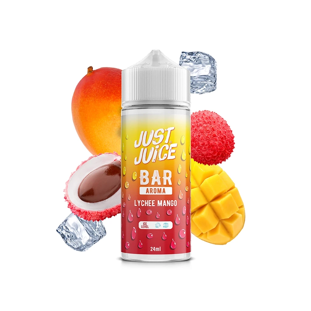 Frasco Just Juice Bar Lychee Mango de 24 ml con tapón blanco y etiqueta amarilla y roja, rodeado de mango, lichi y cubitos de hielo.