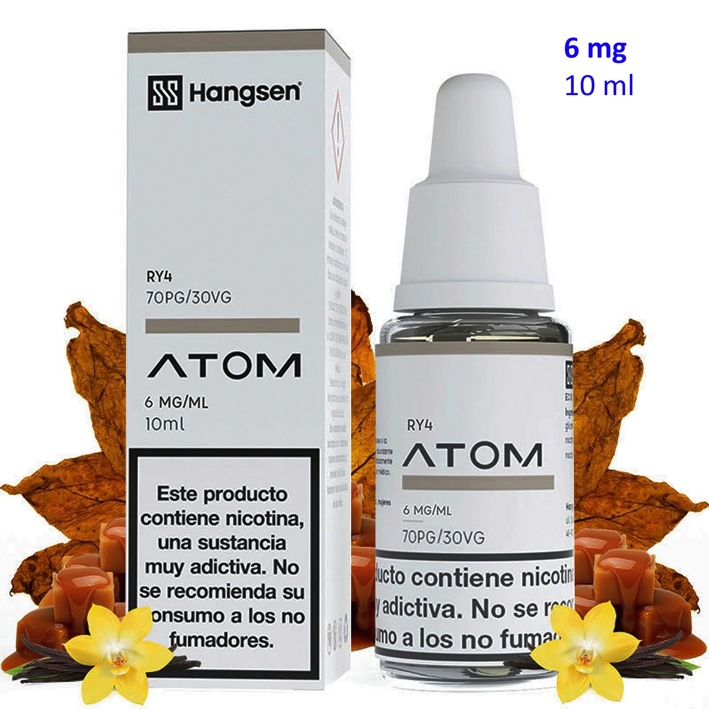 Frasco y caja de Hangsen Atom RY4 de 10 ml y 6 mg/ml, con hojas marrones, caramelos y flores amarillas de vainilla alrededor.