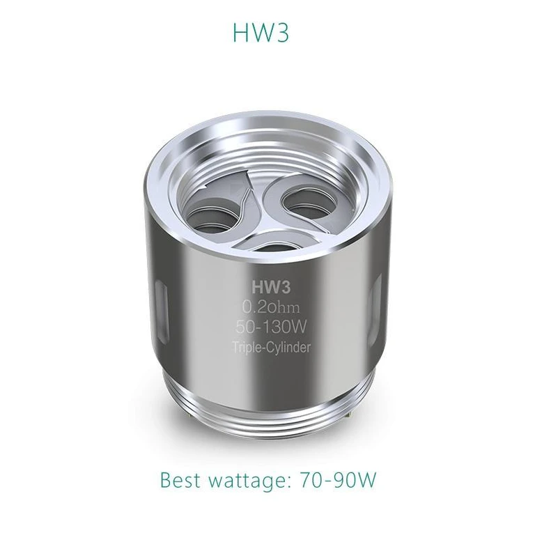 Resistencia Eleaf HW3 con tres aberturas superiores y rosca inferior; grabado de 0,2 ohm y 50–130 W, con rango recomendado de 70–90 W.