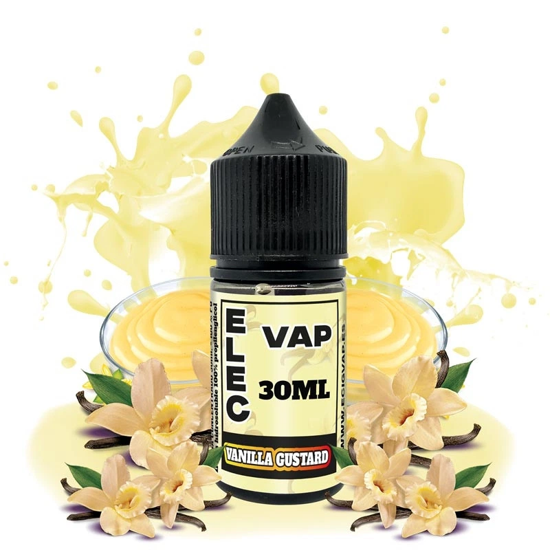 Frasco de aroma Vanilla Custard Elecvap de 30 ml con tapón negro, rodeado de flores, vainas de vainilla y crema amarilla.