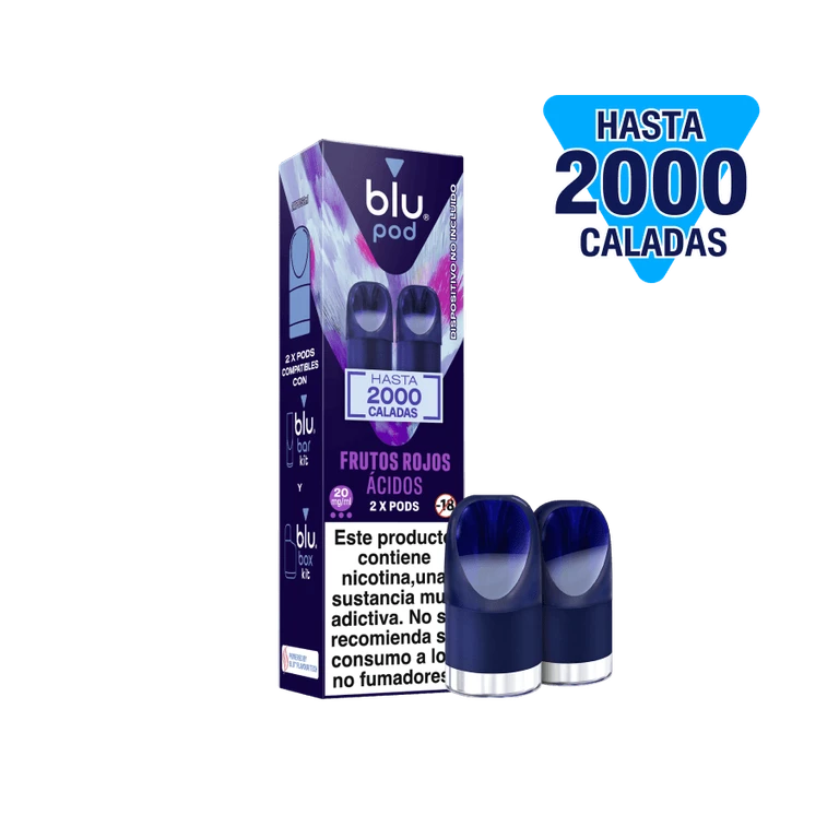 Pods azules Blu junto a su caja morada de Frutos Rojos Ácidos, con la indicación de 20 mg/ml y el texto «Hasta 2000 caladas».