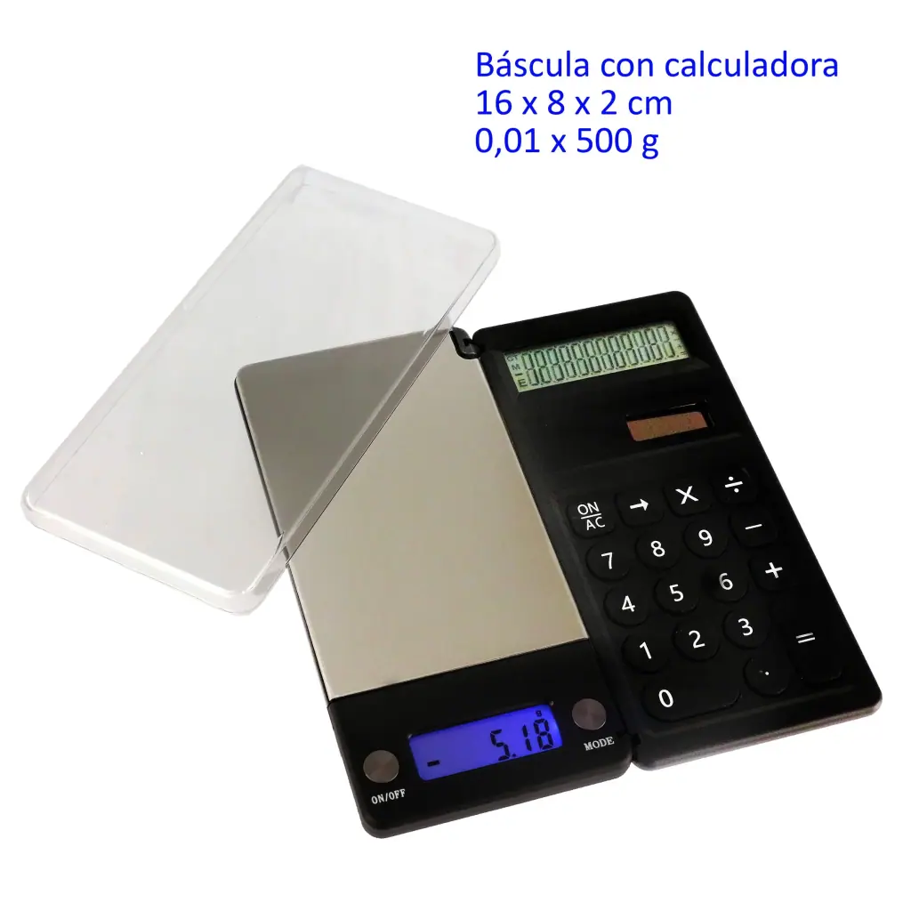 Báscula digital con plataforma plateada, tapa transparente abierta y pantalla azul, junto a una calculadora negra integrada. Báscula digital con plataforma plateada, tapa transparente abierta y pantalla azul, junto a una calculadora negra integrada.