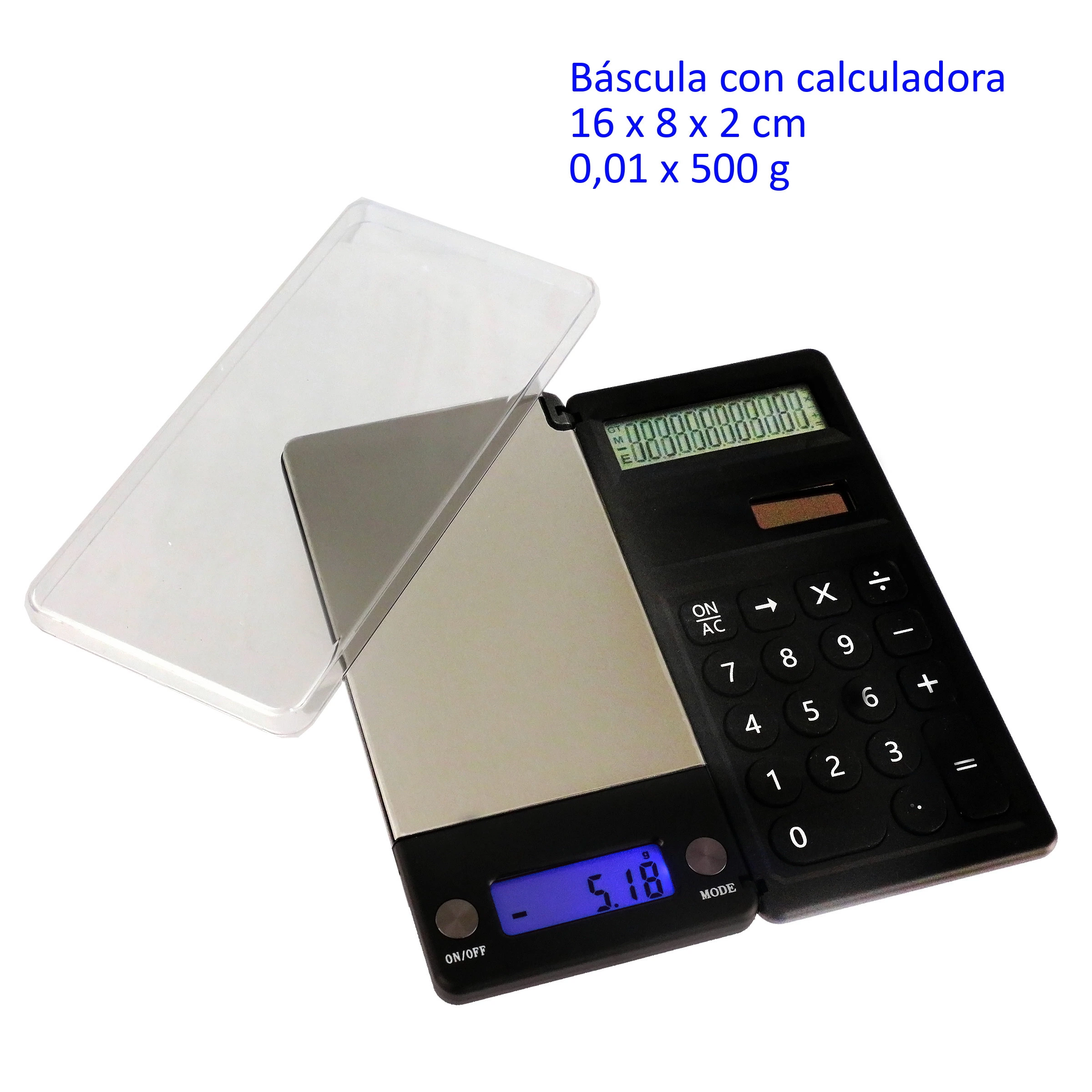 Báscula digital con plataforma plateada, tapa transparente abierta y pantalla azul, junto a una calculadora negra integrada.