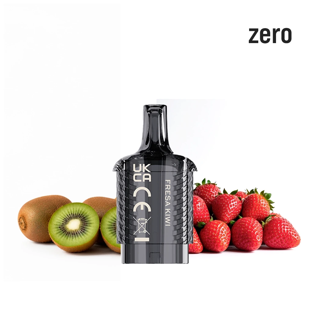 Pod Vista Plug Strawberry Kiwi Zero Vozol oscuro, con texto «Fresa Kiwi», delante de fresas y kiwis y con «zero» en la esquina superior. Pod Vista Plug Strawberry Kiwi Zero Vozol oscuro, con texto «Fresa Kiwi», delante de fresas y kiwis y con «zero» en la esquina superior.