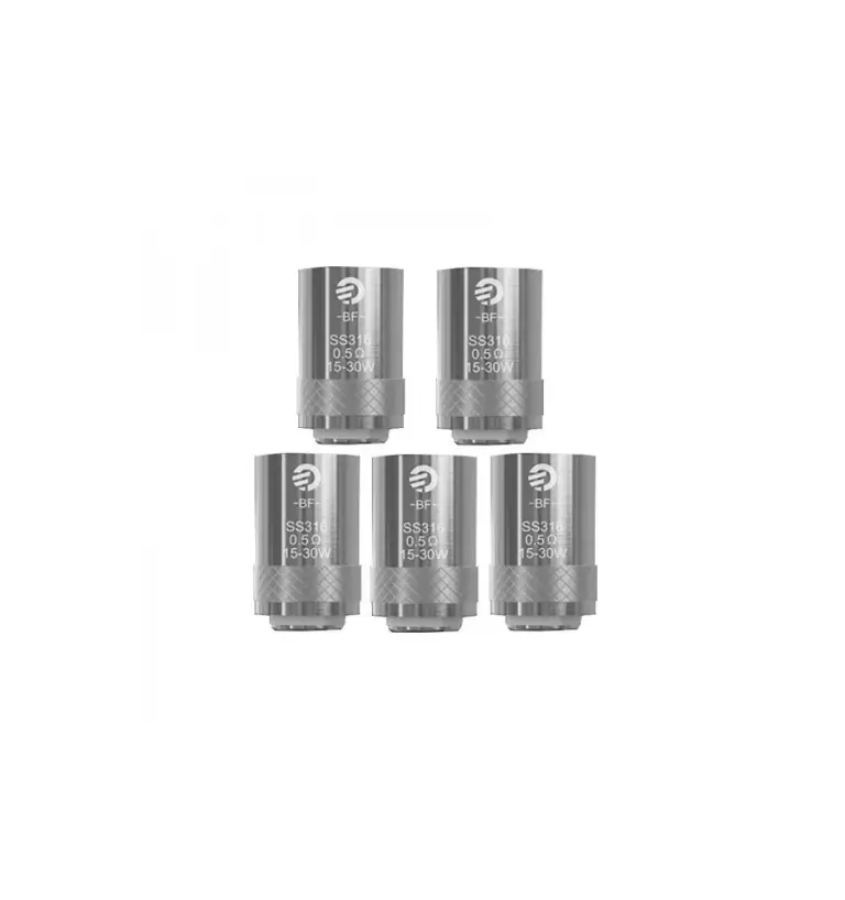 Varias resistencias metálicas JOYETECH BF para Cubis, dispuestas en dos filas, con inscripciones SS316, 0,5 Ω y 15–30 W.