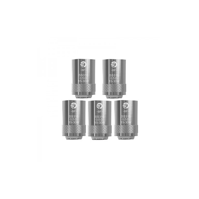 Varias resistencias metálicas JOYETECH BF para Cubis, dispuestas en dos filas, con inscripciones SS316, 0,5 Ω y 15–30 W.