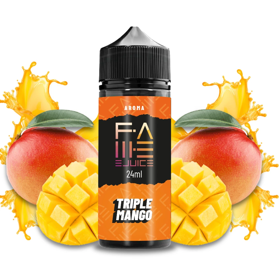 Frasco de aroma Triple Mango de Fame Ejuice con etiqueta naranja de 24 ml, rodeado de mangos enteros, troceados y salpicaduras amarillas. Frasco de aroma Triple Mango de Fame Ejuice con etiqueta naranja de 24 ml, rodeado de mangos enteros, troceados y salpicaduras amarillas.
