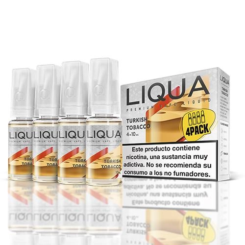Frascos Liqua Turkish Tobacco con tapones blancos junto a su caja, rotulada 4 × 10 ml y con una advertencia sobre la nicotina.