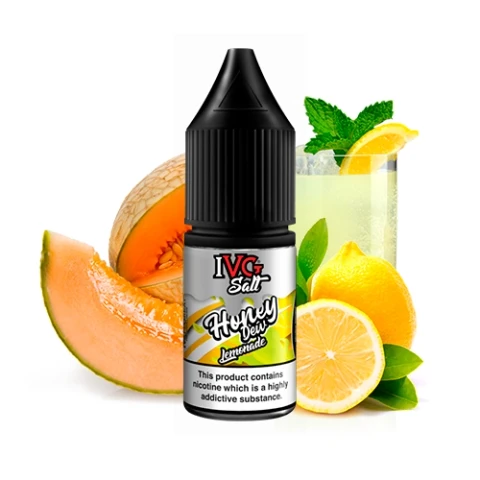 Frasco de IVG Salts Honeydew Lemonade con tapón negro, rodeado de melón, limones y un vaso con hielo y menta.
