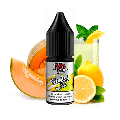 Frasco de IVG Salts Honeydew Lemonade con tapón negro, rodeado de melón, limones y un vaso con hielo y menta.