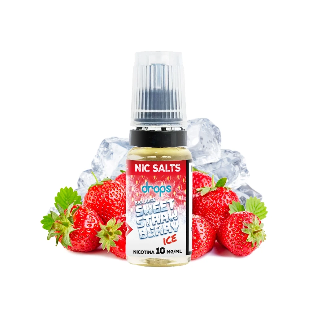 Frasco Drops Bar Juice Salts Sweet Strawberry Ice con tapón transparente, etiqueta de 10 mg/ml, fresas y cubitos de hielo.