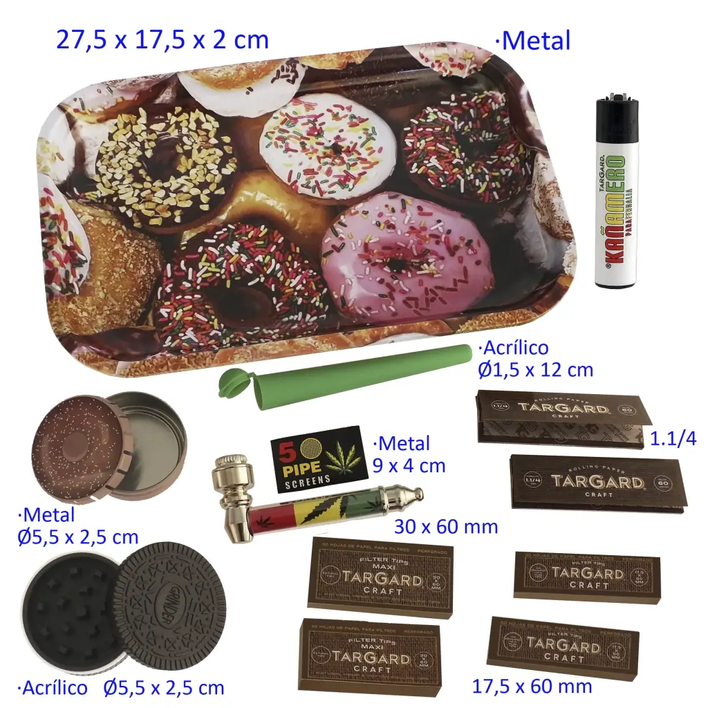 Selección de accesorios TarGard con bandeja de donuts, encendedor, tubo verde, pipa, rejillas, grinders y papeles de distintos formatos.