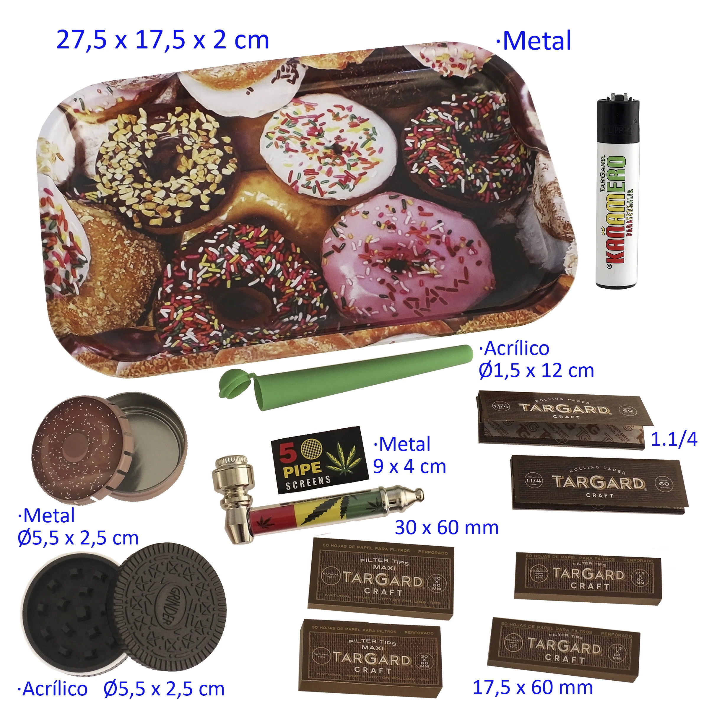 Selección de accesorios TarGard con bandeja de donuts, encendedor, tubo verde, pipa, rejillas, grinders y papeles de distintos formatos. Selección de accesorios TarGard con bandeja de donuts, encendedor, tubo verde, pipa, rejillas, grinders y papeles de distintos formatos.
