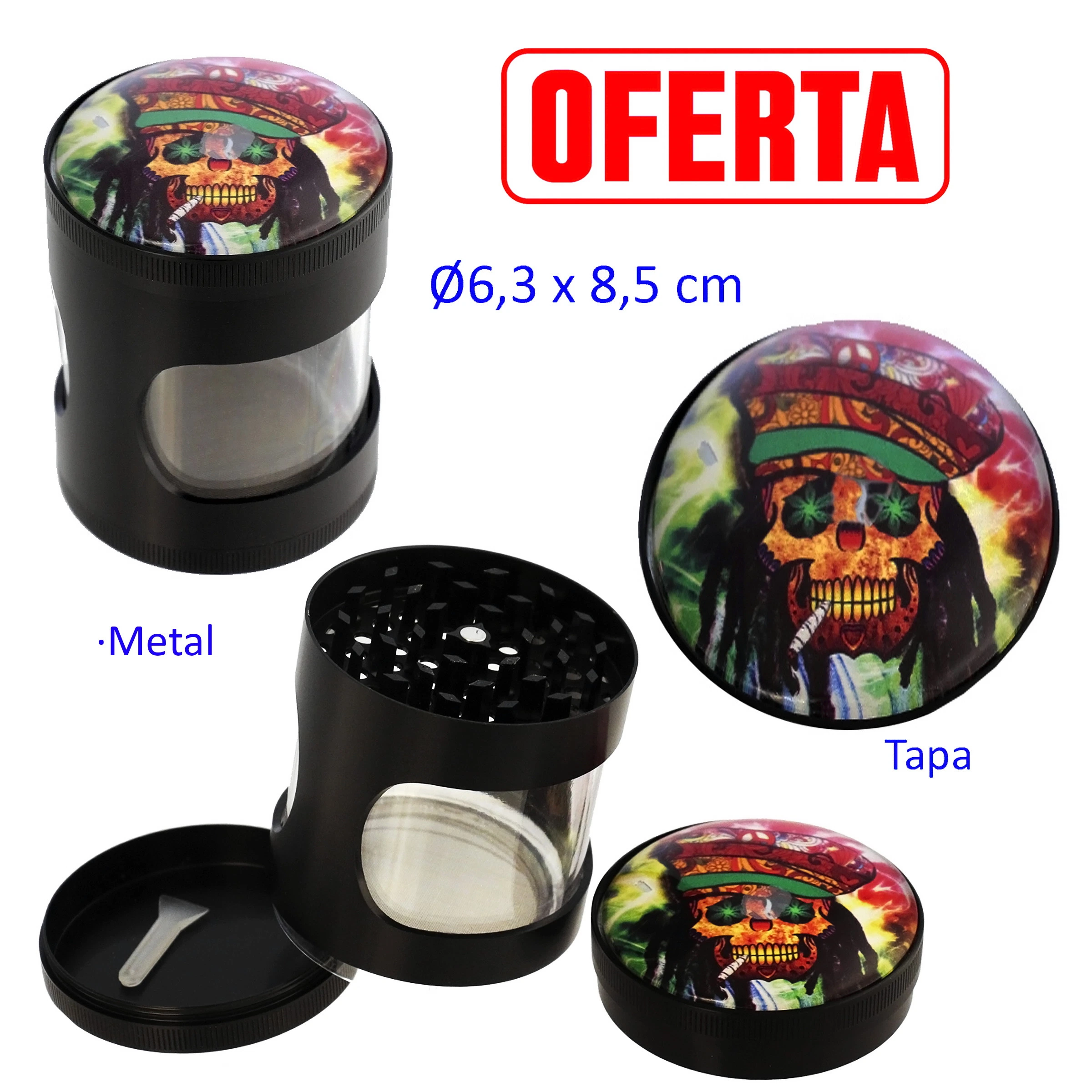 Grinder negro con ventana transparente y calavera rasta en la tapa, mostrado cerrado y desmontado sobre fondo blanco.