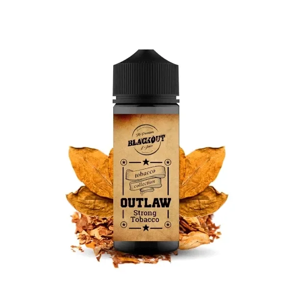 Frasco BlackOut Outlaw Strong Tobacco con tapón negro y etiqueta marrón, rodeado de hojas secas y tabaco desmenuzado.