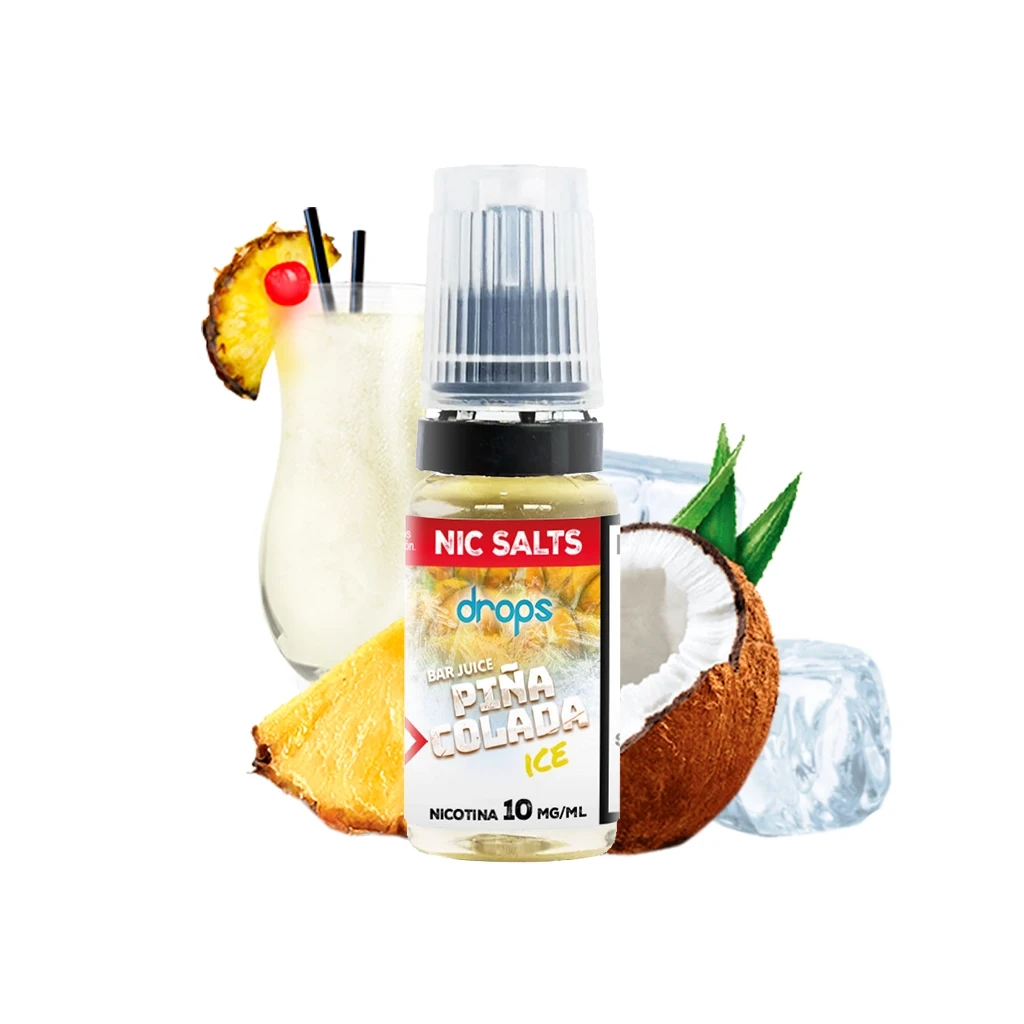 Frasco de Drops Bar Juice Salts Piña Colada Ice, etiquetado con nicotina de 10 mg/ml, junto a piña, coco, hielo y un cóctel.