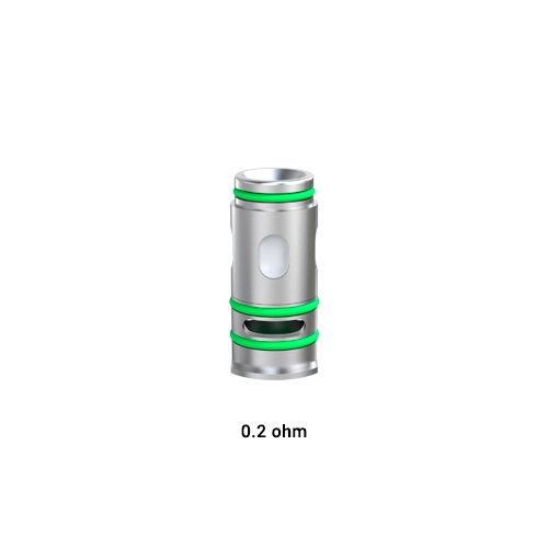 Resistencia Eleaf GX Coil de 0,2 Ω, con cuerpo plateado, juntas verdes y aberturas laterales, sobre fondo blanco.