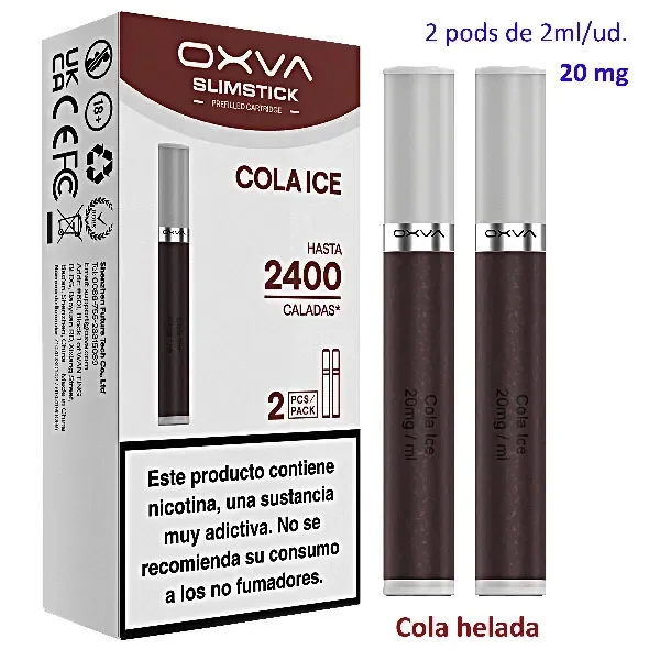 Envase OXVA SlimStick Cola Ice junto a cartuchos marrones con tapas grises; indica 20 mg/ml, 2 ml por unidad y hasta 2400 caladas.