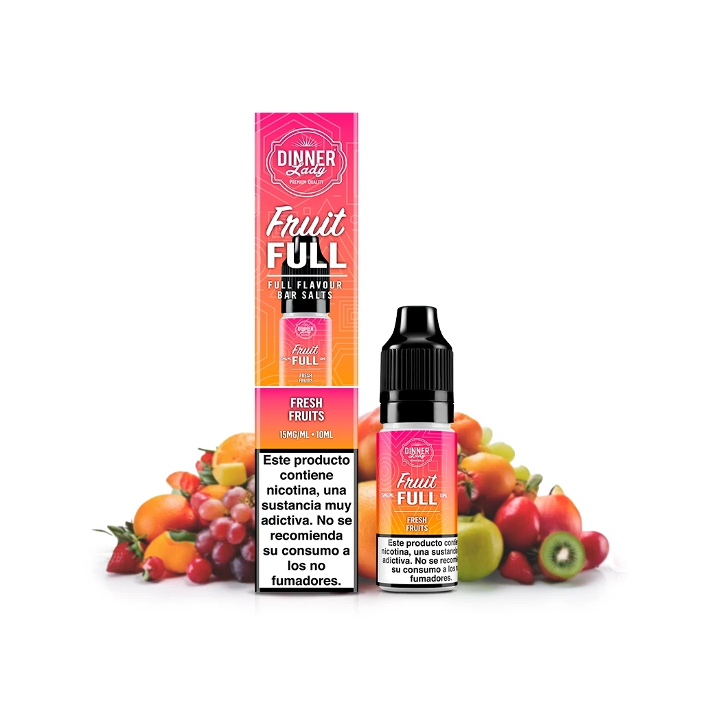 Frasco Dinner Lady Fruit Full Fresh Fruits con tapón negro y caja rosa y naranja, rodeados de frutas sobre fondo blanco.