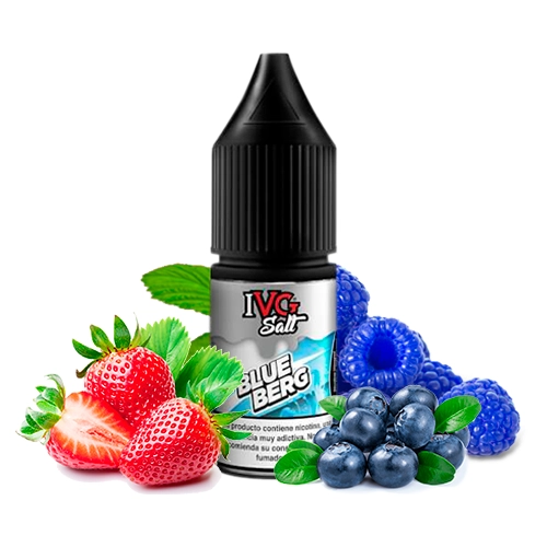 Frasco IVG Salt Blue Berg con tapón negro y etiqueta turquesa, rodeado de fresas, arándanos y frambuesas azules.