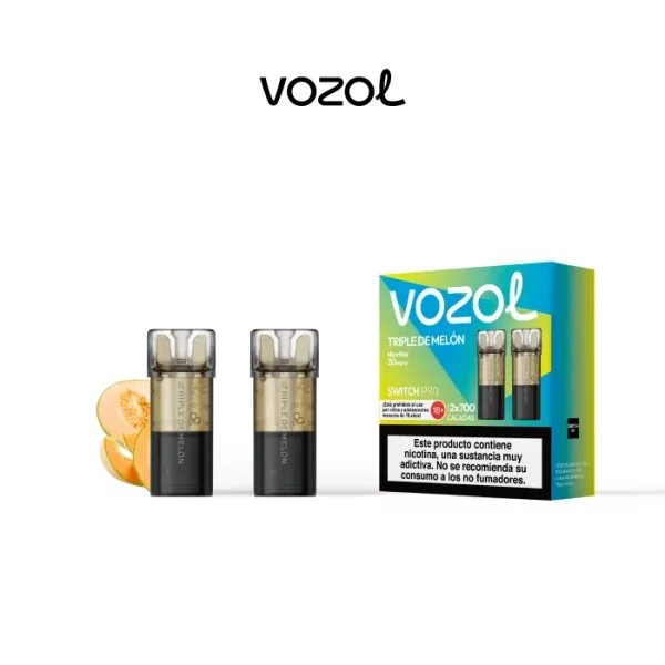 Pods Vozol Switch Pro Triple de Melón junto a una caja verde y azul, con trozos de melón y una advertencia sobre nicotina.