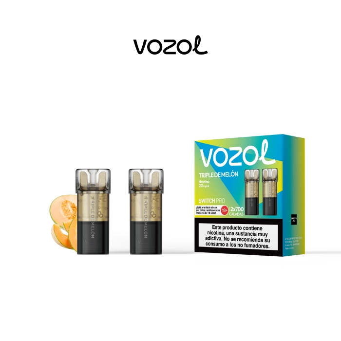 Pods Vozol Switch Pro Triple de Melón junto a su caja verde y azul, con boquillas transparentes y rodajas de melón al fondo. Pods Vozol Switch Pro Triple de Melón junto a su caja verde y azul, con boquillas transparentes y rodajas de melón al fondo.