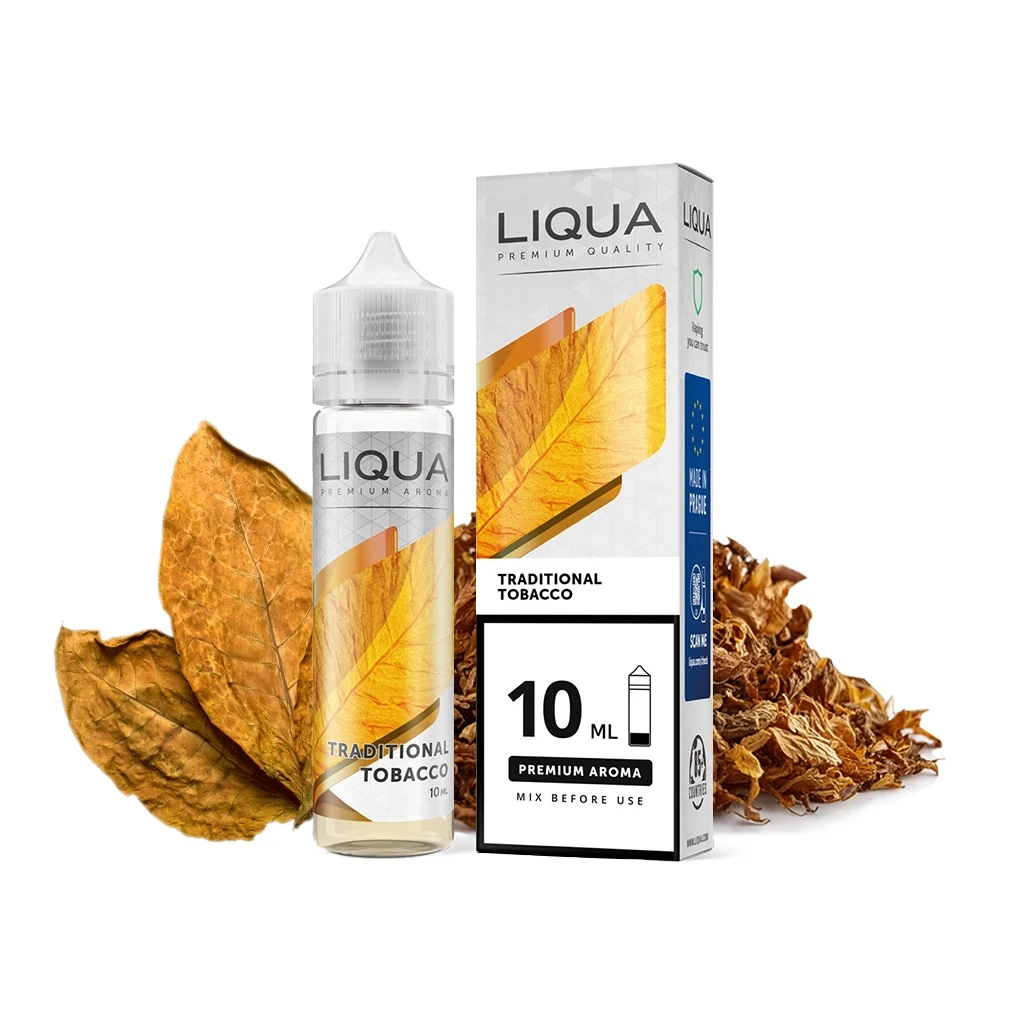 Frasco Liqua Traditional Tobacco y caja con la indicación 10 ml, acompañados de hojas secas y tabaco picado sobre fondo blanco.